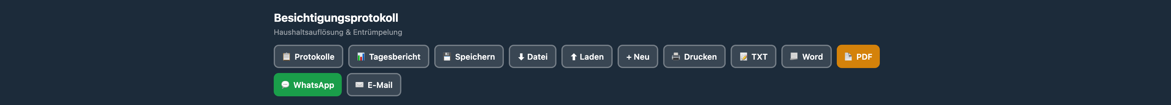 Besichtigungsprotokoll mit WhatsApp- und E-Mail-Button im Header