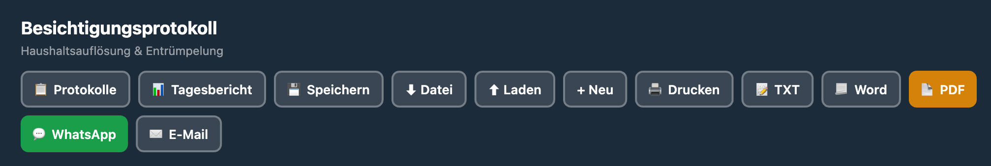 Besichtigungsprotokoll mit WhatsApp- und E-Mail-Button im Header